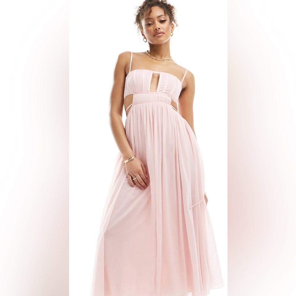 NWT ASOS DESIGN corset detail cut out strappy midi skater dress baby pink. Sz 10